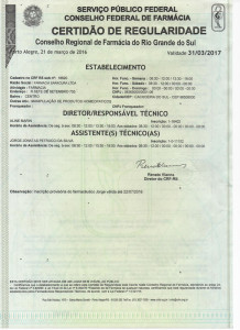 Certidão de Regularide junto ao Conselho Regional de Farmácia - RS 2016